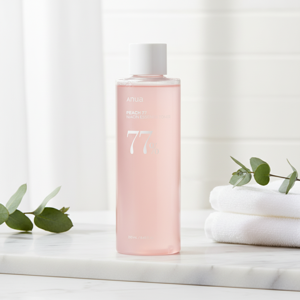 Anua Peach 77 Niacin Essence Toner in a pink bottle promoting hydration and glow for the skin.