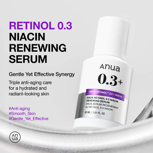 Anua Retinol 0.3 + Niacin Renewing Serum in white bottle promoting smooth and radiant skin with anti-aging benefits.