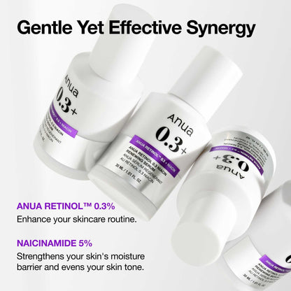 Anua Retinol 0.3 + Niacin Renewing Serum bottles showcasing key ingredients for effective skincare.