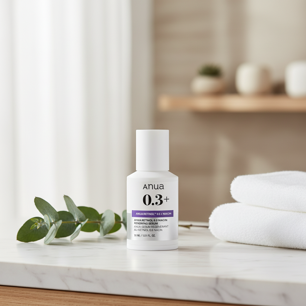 Anua Retinol 0.3 + Niacin Renewing Serum bottle on a marble table with fresh towels and greenery.