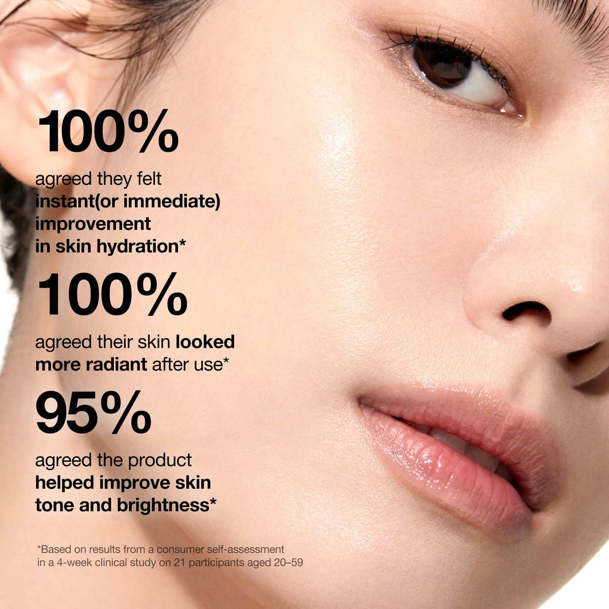 Anua Rice 70 Glow Milky Toner claims about hydration, radiance, and skin tone improvements on a woman's face.