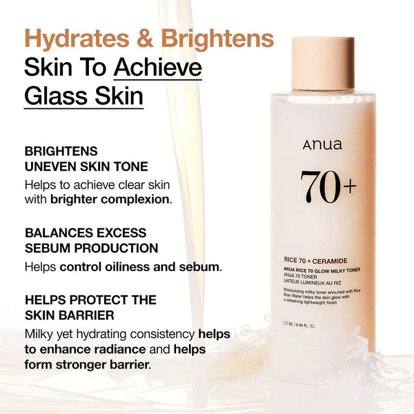 Anua Rice 70 Glow Milky Toner bottle on a background displaying hydrating and brightening benefits for glass skin.