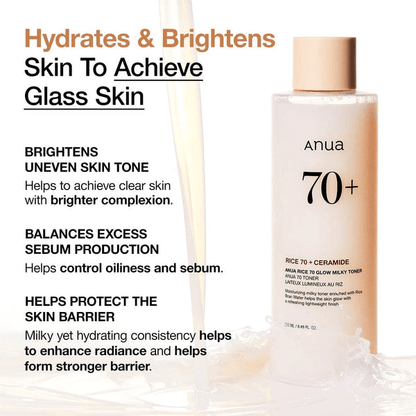 Anua Rice 70 Glow Milky Toner bottle on a background displaying hydrating and brightening benefits for glass skin.