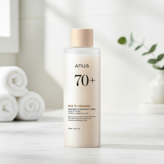 Anua Rice 70 Glow Milky Toner bottle on a soft background, highlighting its moisturizing and brightening properties.