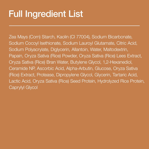 Full ingredient list for Anua Rice Enzyme Brightening Cleansing Powder including all active components and natural extracts.