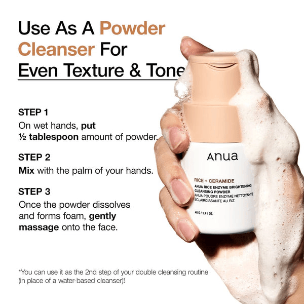Instructions for using Anua Rice Enzyme Brightening Cleansing Powder as a powder cleanser for even skin texture and tone.