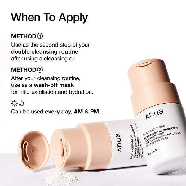 Anua Rice Enzyme Brightening Cleansing Powder instructions for use in double cleansing and wash-off mask routine.