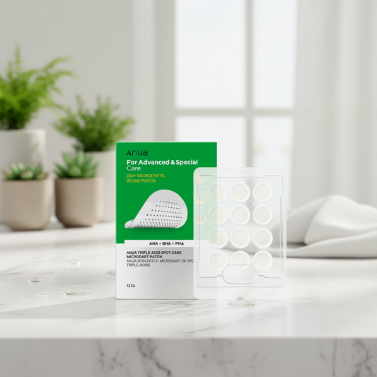 Anua Triple Acid Spot Care Microdart Patch packaging with microdart patches for targeted blemish care.