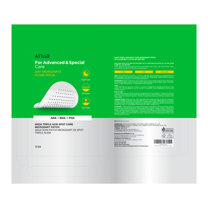 Anua Triple Acid Spot Care Microdart Patch packaging with detailed product information and ingredients list.