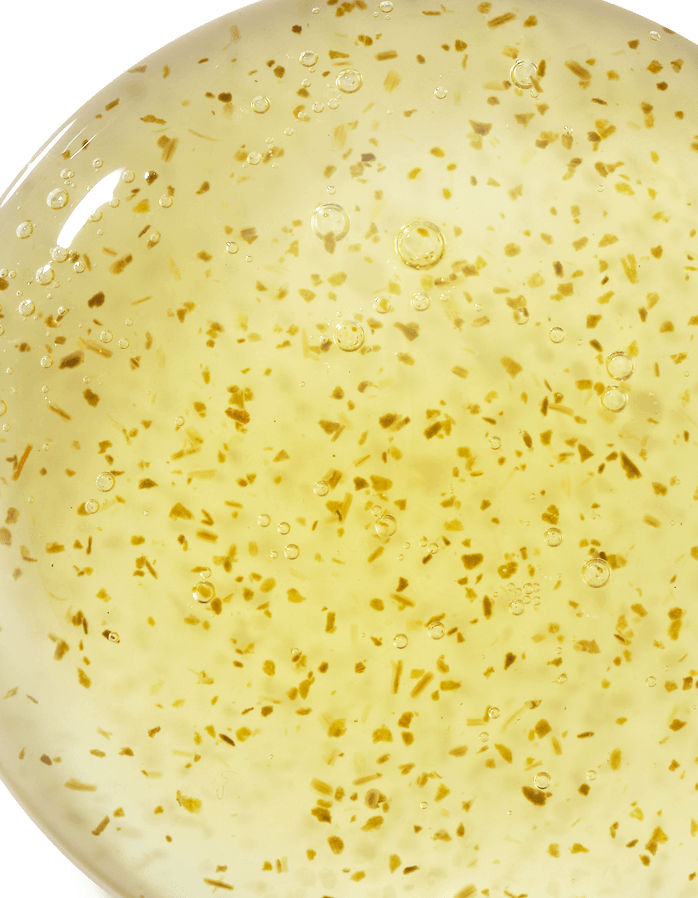 RIMAN ICD Balancing Gel Cleanser showing its gel texture with golden particles in a clear round container.