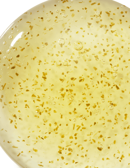 RIMAN ICD Balancing Gel Cleanser showing its gel texture with golden particles in a clear round container.