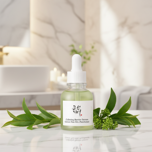 Beauty of Joseon Calming Serum Green Tea + Panthenol in a glass bottle with green tea leaves.