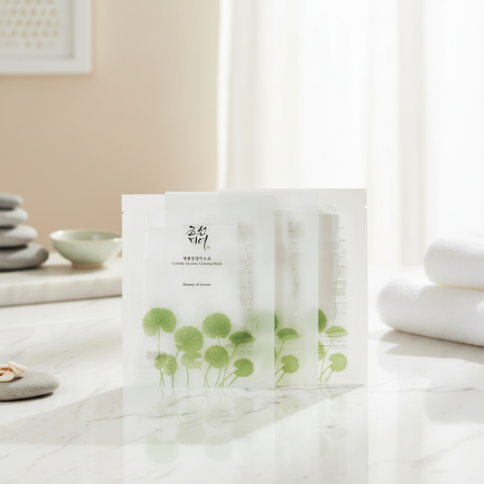 Beauty of Joseon Centella Asiatica Calming Mask packaging on a serene marble surface with towels and stones.