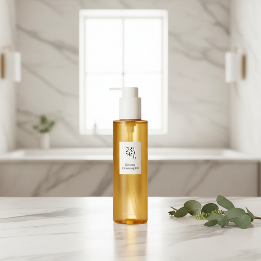 Bottle of Ginseng Cleansing Oil with a white label on a beige background