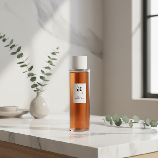 Bottle of Ginseng Essence Water on a light beige background