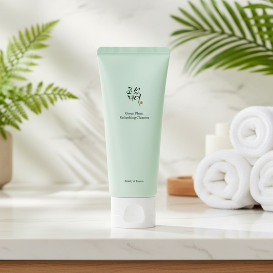 Beauty of Joseon Green Plum Refreshing Cleanser in a mint green tube against a natural background.