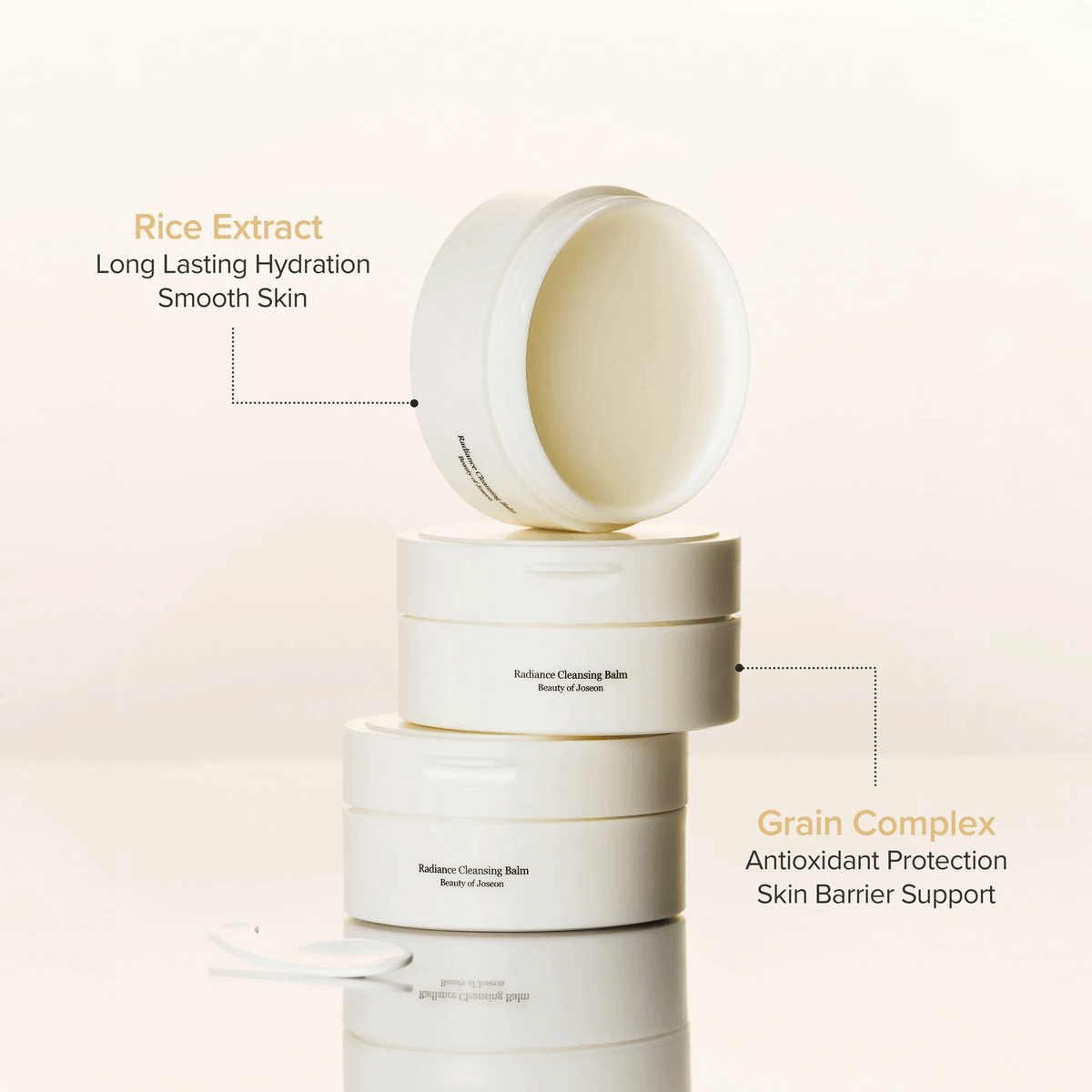 Beauty of Joseon Radiance Cleansing Balm stacked with rice extract and grain complex labels highlighting their benefits.