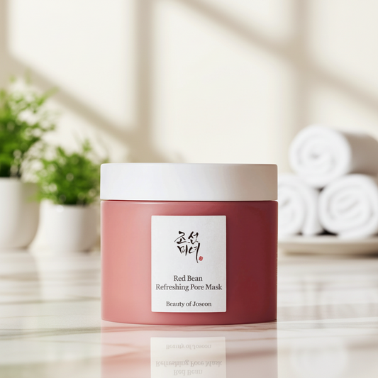 Beauty of Joseon Red Bean Refreshing Pore Mask in a jar on a spa-like background.