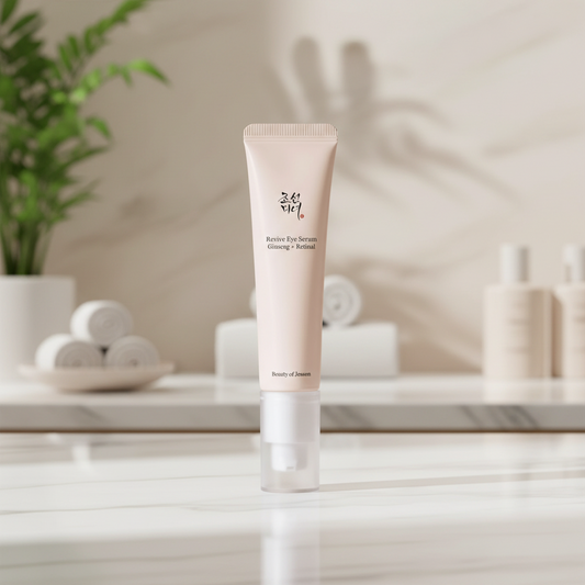 Beauty of Joseon Revive Eye Serum Ginseng Retinal in a sleek tube packaging for brightening and hydrating under eyes.