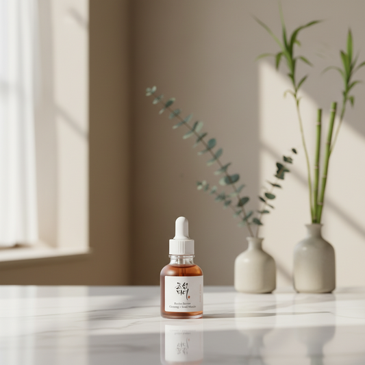 Beauty of Joseon Revive Serum Ginseng + Snail Mucin in a serene setting on a marble table with greenery.