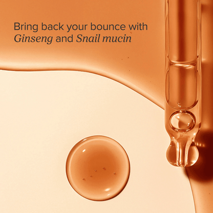 Beauty of Joseon Revive Serum Ginseng + Snail Mucin with droplet and soft, golden serum texture.
