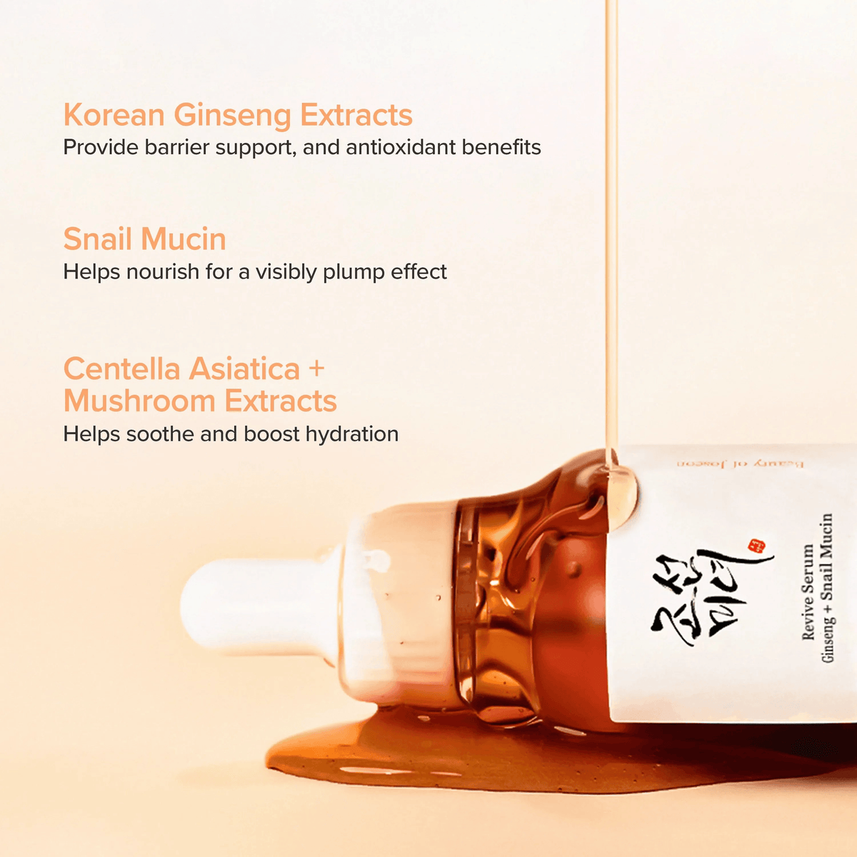 Beauty of Joseon Revive Serum Ginseng + Snail Mucin ingredients, including Ginseng, Snail Mucin, and Centella Asiatica.