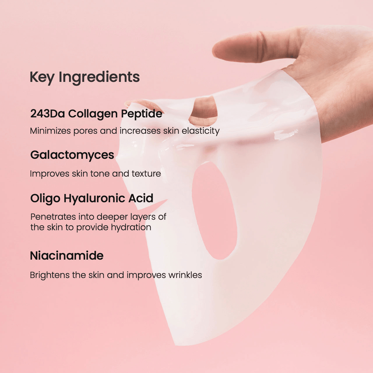 Biodance Bio-Collagen Real Deep Mask hydrogel sheet highlighting key ingredients for skin hydration and elasticity.