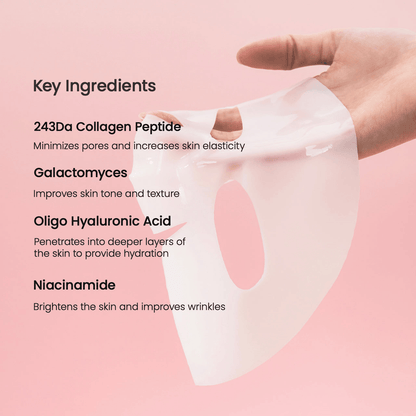 Biodance Bio-Collagen Real Deep Mask hydrogel sheet highlighting key ingredients for skin hydration and elasticity.