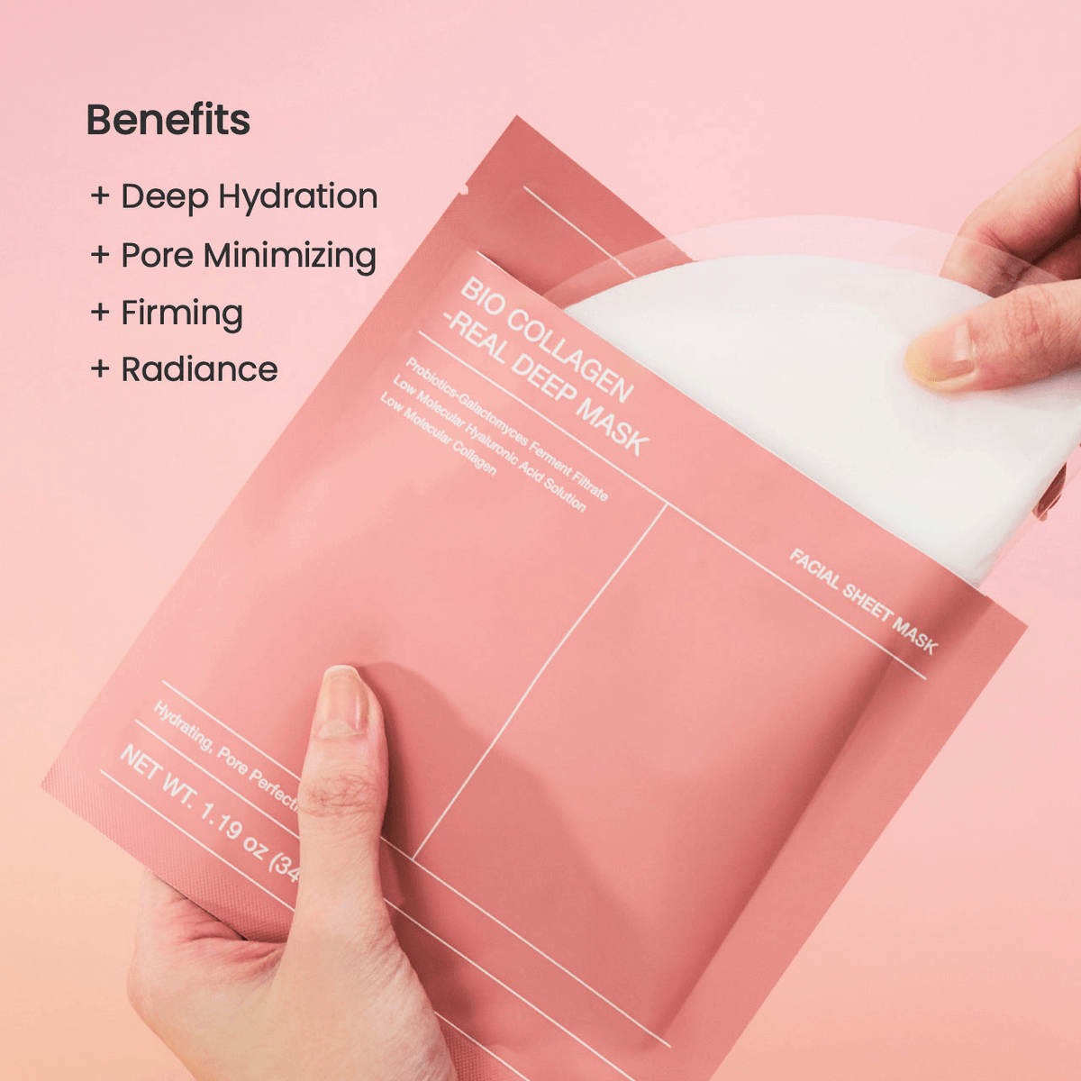 Biodance Bio-Collagen Real Deep Mask packaging highlighting benefits like hydration, pore minimizing, and radiance.