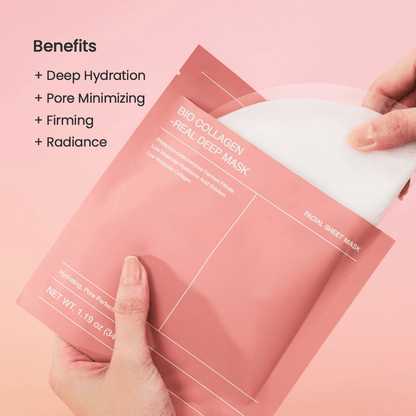Biodance Bio-Collagen Real Deep Mask packaging highlighting benefits like hydration, pore minimizing, and radiance.
