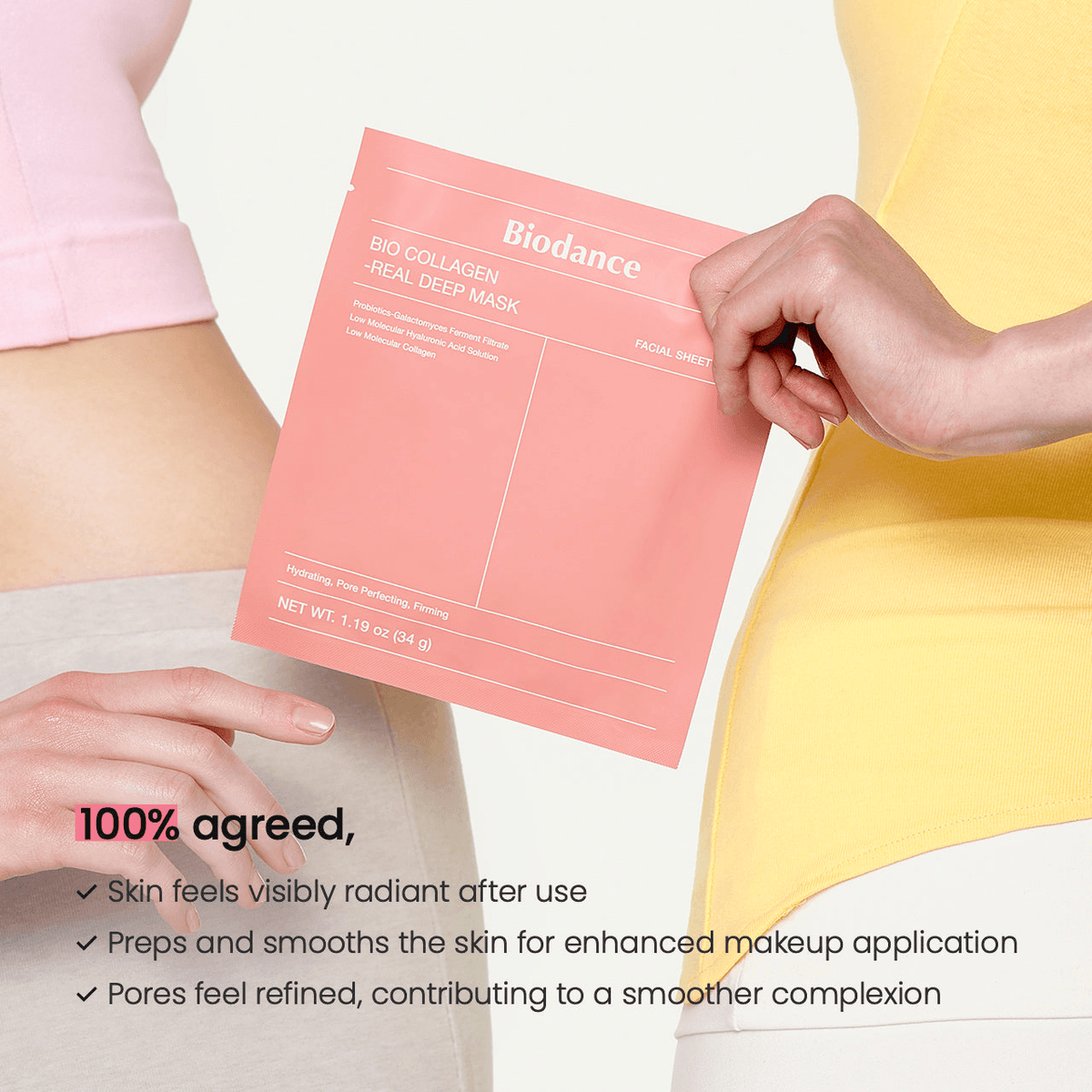 Biodance Bio-Collagen Real Deep Mask packaging held by two people, highlighting skin benefits and radiant results.