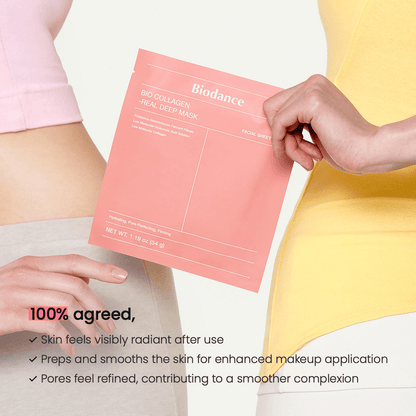 Biodance Bio-Collagen Real Deep Mask packaging held by two people, highlighting skin benefits and radiant results.