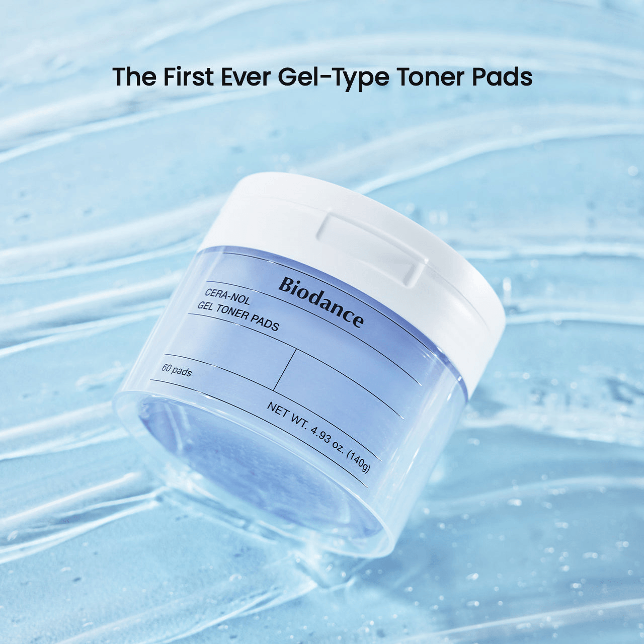 Biodance Cera-nol Gel Toner Pads container on a blue surface, offering moisture and skin barrier support.