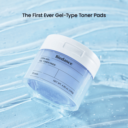 Biodance Cera-nol Gel Toner Pads container on a blue surface, offering moisture and skin barrier support.