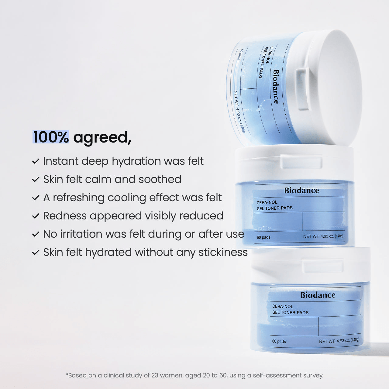 Biodance Cera-nol Gel Toner Pads packaging with information on hydration and soothing benefits