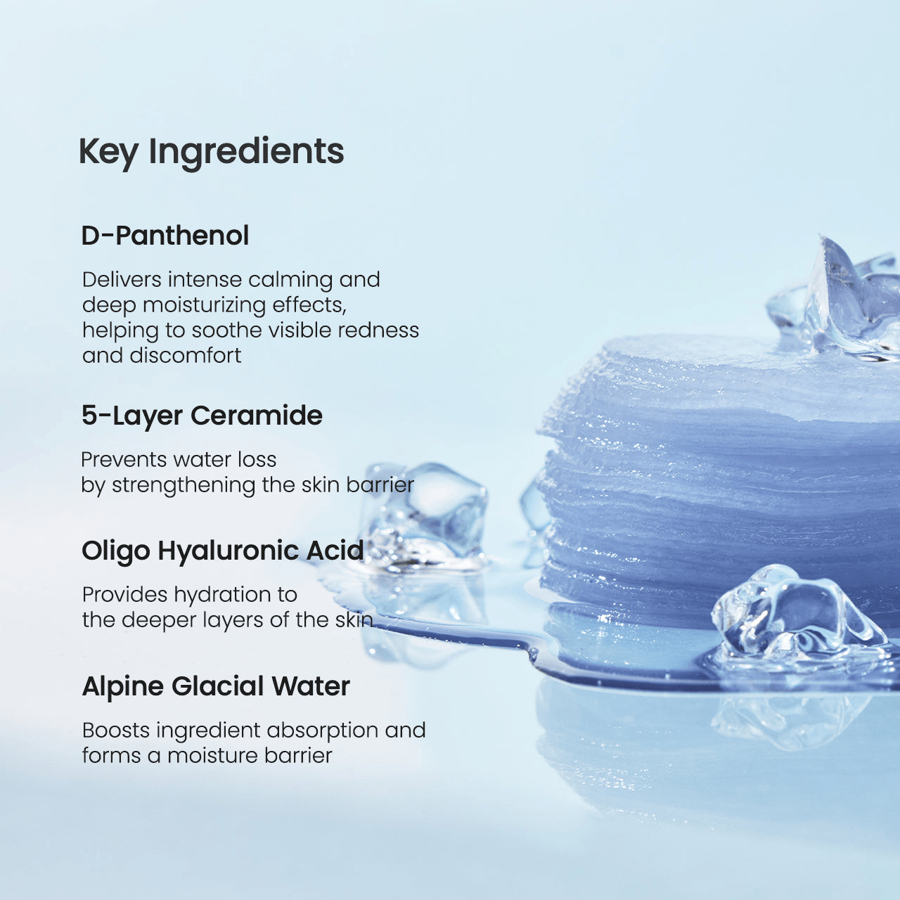 Key ingredients of Biodance Cera-nol Gel Toner Pads including D-Panthenol, 5-Layer Ceramide, Oligo Hyaluronic Acid, and Alpine Glacial Water.