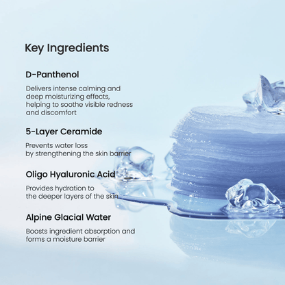 Key ingredients of Biodance Cera-nol Gel Toner Pads including D-Panthenol, 5-Layer Ceramide, Oligo Hyaluronic Acid, and Alpine Glacial Water.