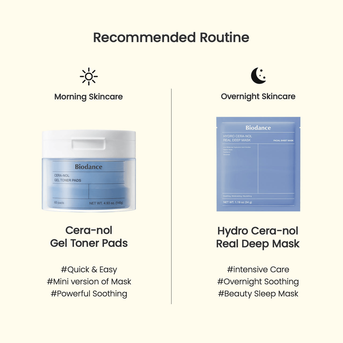 Biodance Cera-nol Gel Toner Pads and Hydro Cera-nol Real Deep Mask recommended skincare routine image.