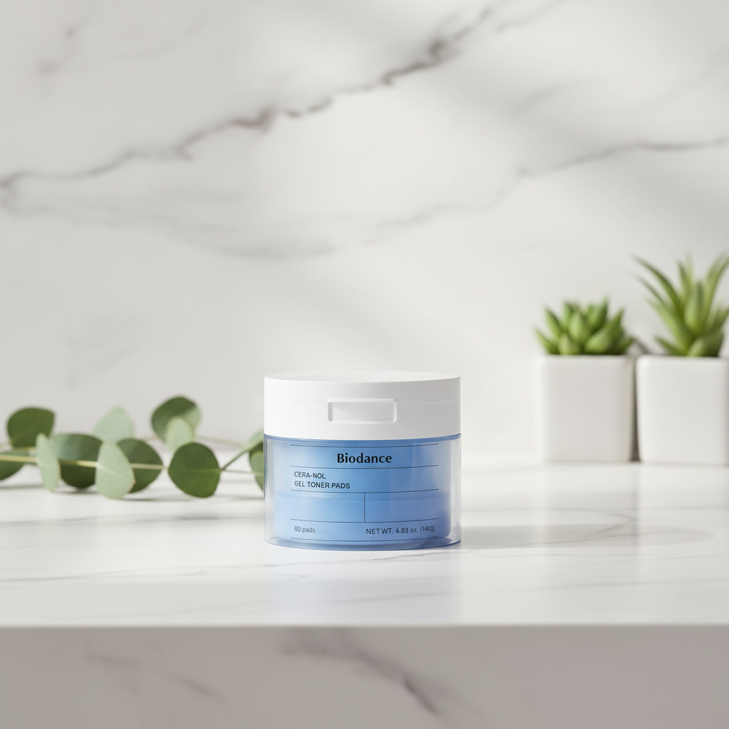 Biodance Cera-nol Gel Toner Pads container showcasing 60 soothing toner pads for dry, sensitive skin.