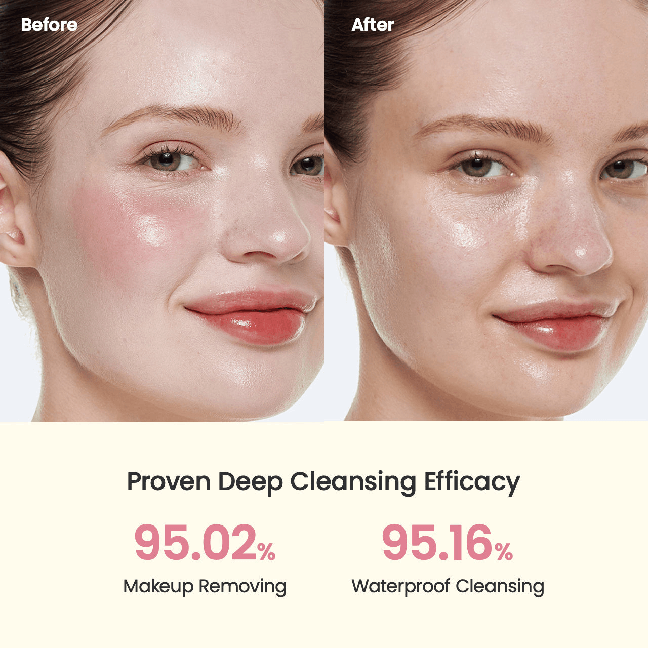 Before and after results showcasing the efficacy of Biodance Collagen Cleansing Oil for deep cleansing and makeup removal.