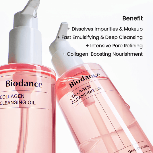 Biodance Collagen Cleansing Oil with benefits like dissolving impurities, deep cleansing, and collagen boosting.