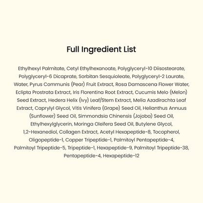 Full ingredient list for Biodance Collagen Cleansing Oil, showcasing key components and their benefits.