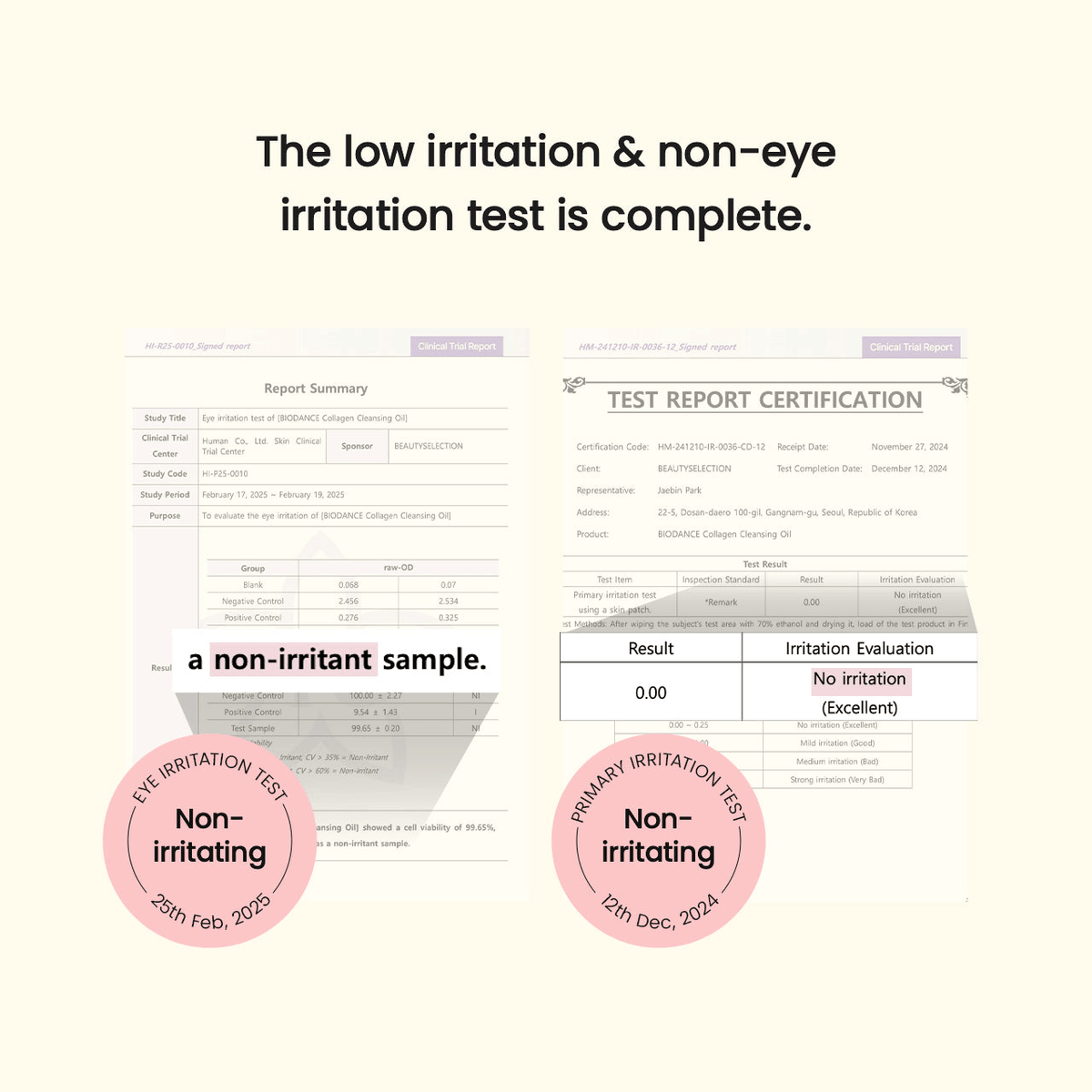 Biodance Collagen Cleansing Oil test results showing non-irritating eye and skin evaluation, certified.