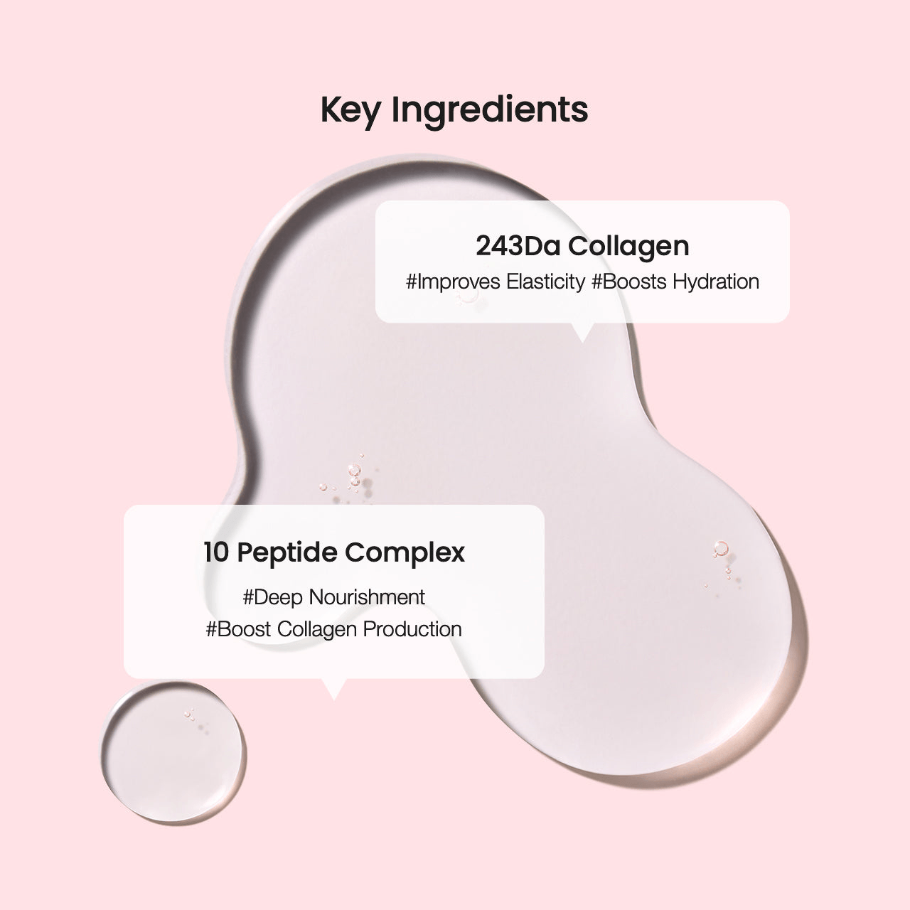 Biodance Collagen Cleansing Oil key ingredients: 243Da Collagen and 10 Peptide Complex for hydration and nourishment.