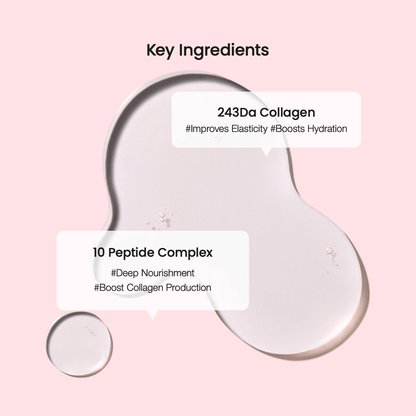 Biodance Collagen Cleansing Oil key ingredients: 243Da Collagen and 10 Peptide Complex for hydration and nourishment.