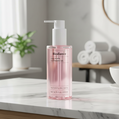 Biodance Collagen Cleansing Oil in a clear pink bottle with a pump for gentle makeup removal and deep cleansing.