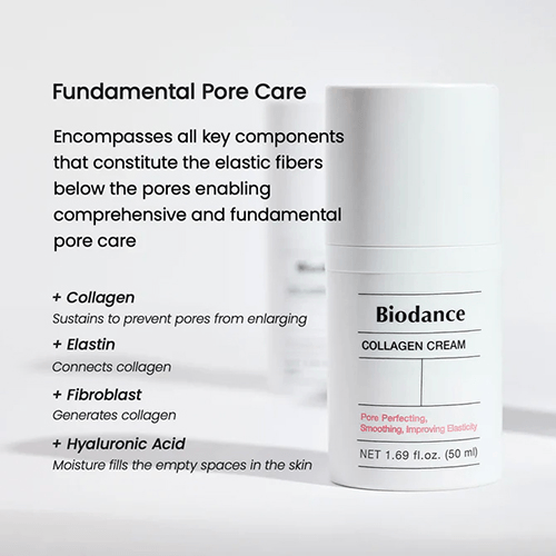 Biodance Pore Tightening Collagen Cream packaging highlighting fundamental pore care benefits and key ingredients.