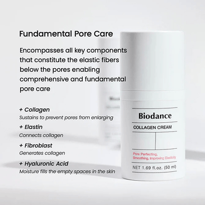 Biodance Pore Tightening Collagen Cream packaging highlighting fundamental pore care benefits and key ingredients.