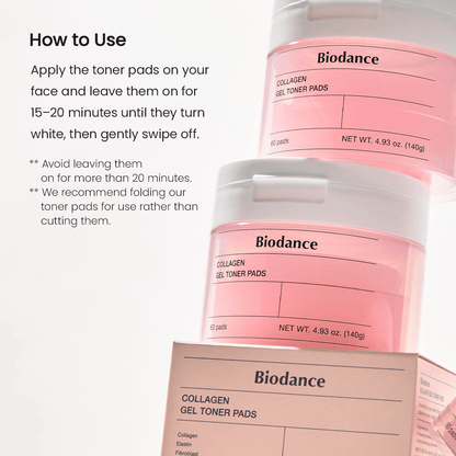 Biodance Collagen Gel Toner Pads instructions on usage with product packaging and pads shown.
