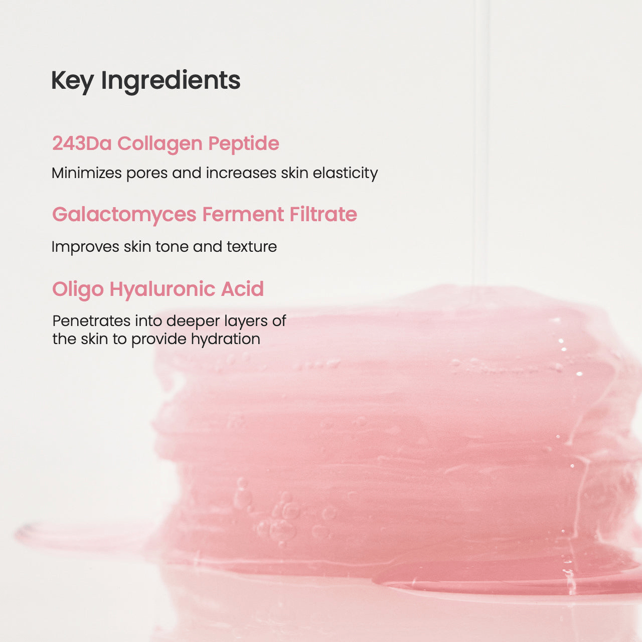 Biodance Collagen Gel Toner Pads key ingredients including 243Da Collagen Peptide, Galactomyces Ferment Filtrate, and Oligo Hyaluronic Acid.